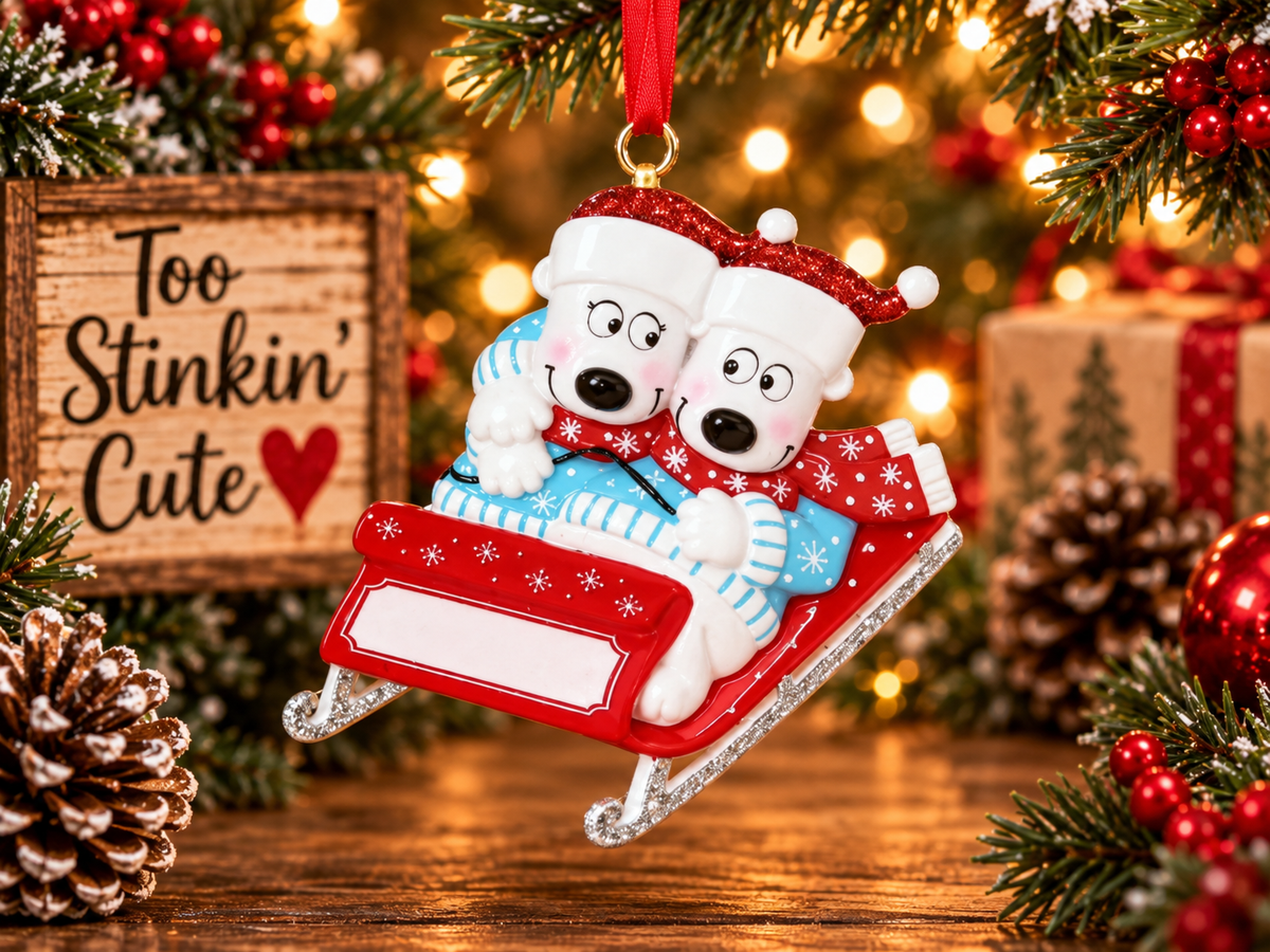 Personalized family of two polar bear Christmas ornament featuring two custom names.