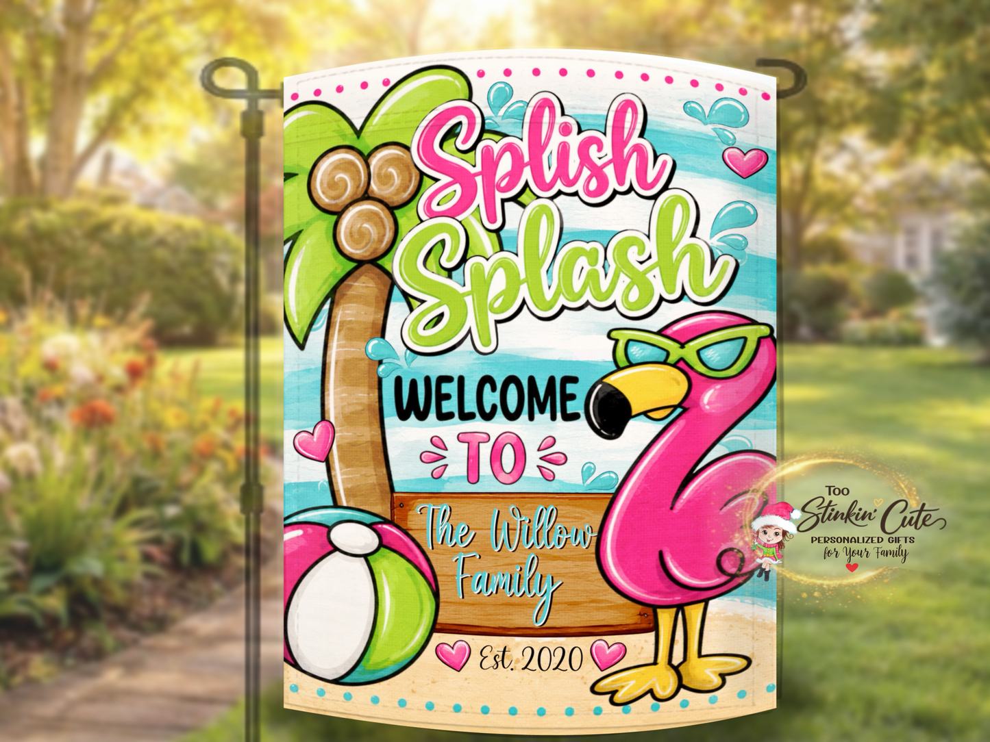 Summer pool welcome flag with personalized family sign.