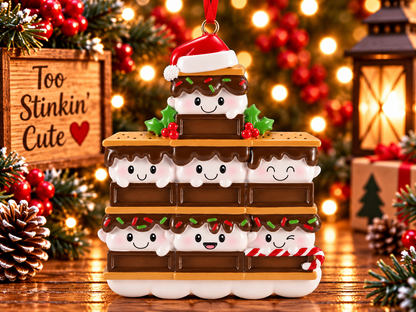 Middle row of three marshmallow characters above blank chocolate sections for personalized names.