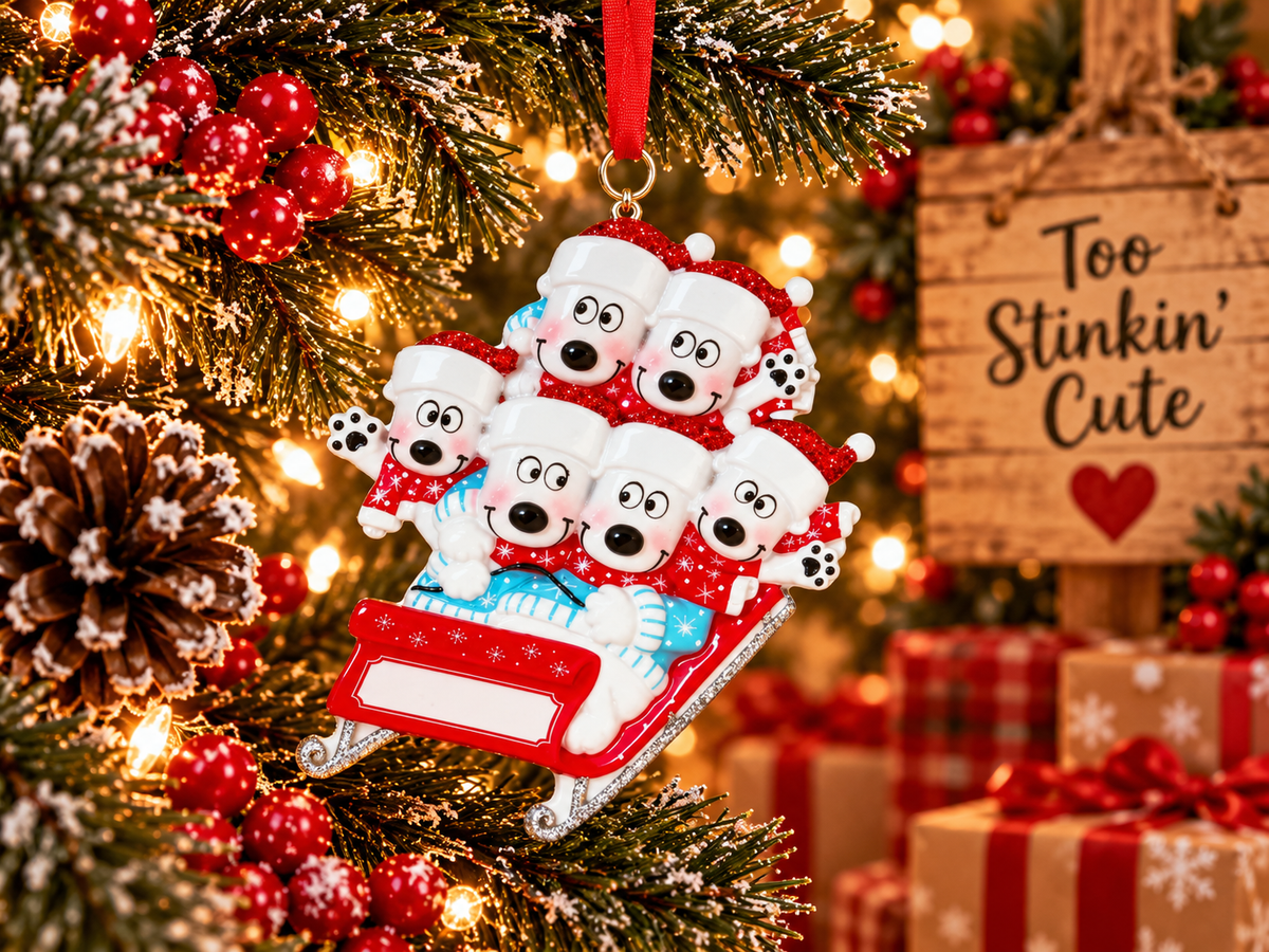 Custom polar bear sled ornament for parents, children, grandparents, grandchildren, or pets.