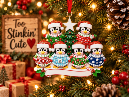Personalized family of six penguin Christmas ornament featuring six custom names.