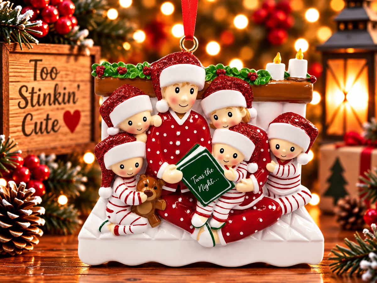 Christmas story family of six ornament featuring two parents and four children gathered around a green holiday book.