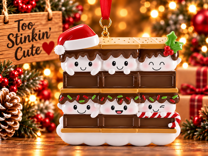 S’mores family of six Christmas ornament featuring three marshmallow characters on top and three below.