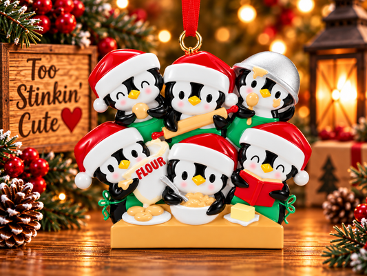 Six penguins in green aprons baking together behind a golden-colored counter in a Christmas family ornament.