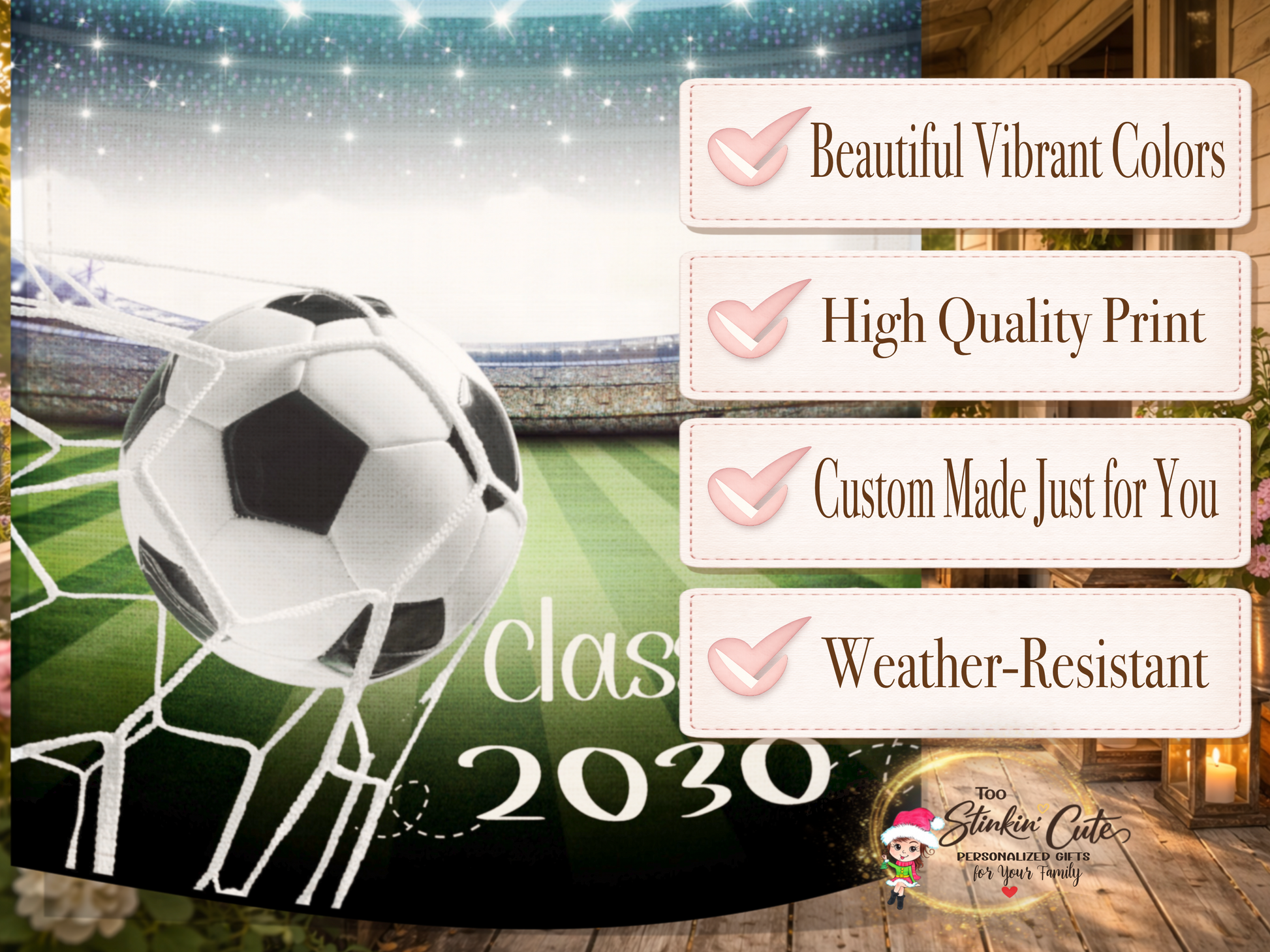 Sports graduation garden flag with soccer ball and goal net artwork