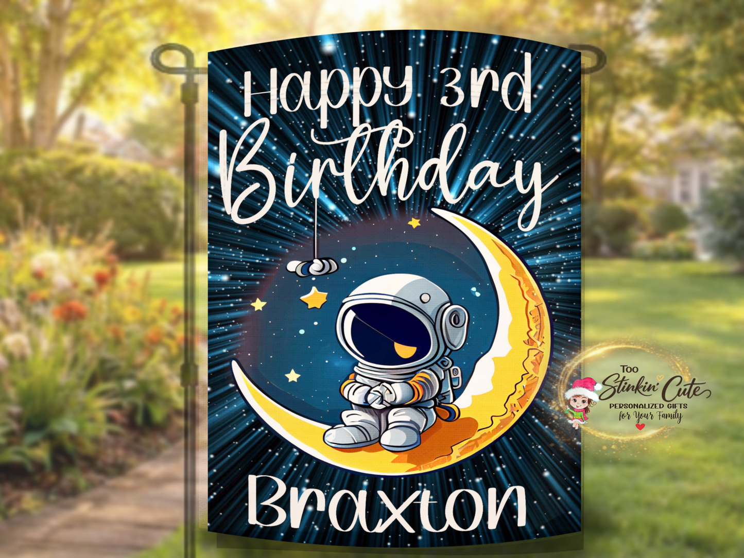 Astronaut moon birthday garden flag personalized for child