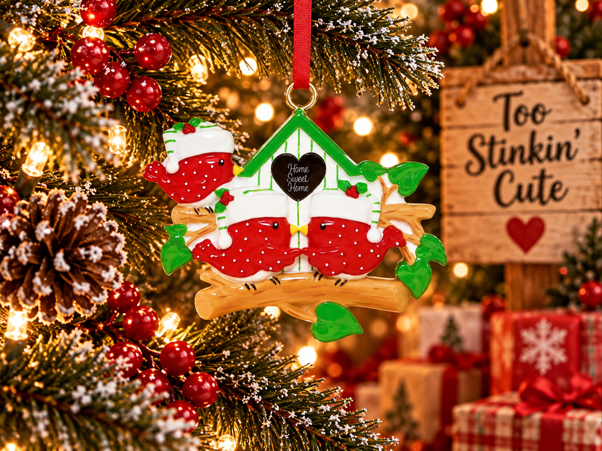 Personalized family of three cardinal Christmas ornament featuring three custom names.