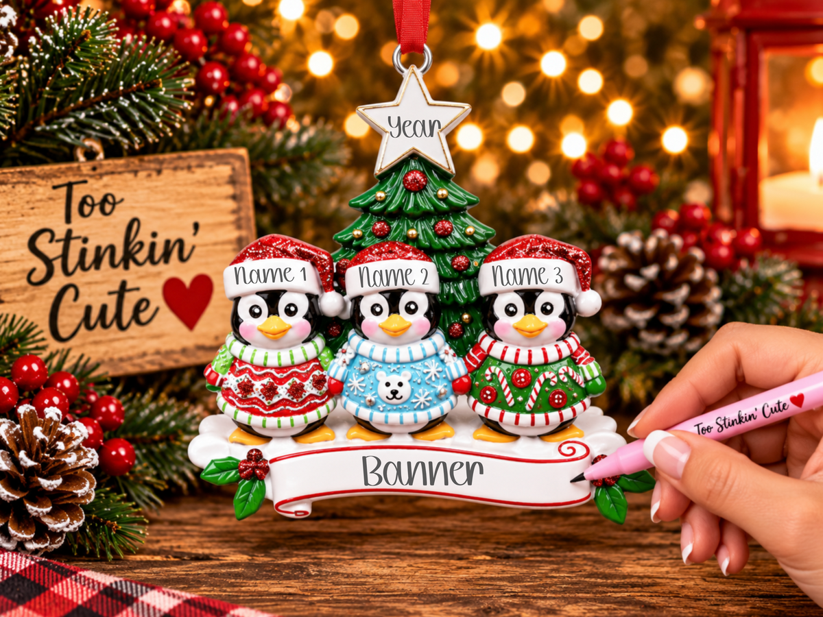 Custom family of 3 ornament with three penguins wearing colorful Christmas sweaters.