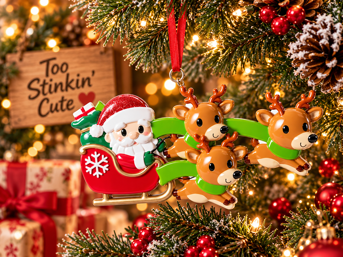 Santa sleigh Christmas ornament featuring three brown reindeer with green scarves and blank name banners.