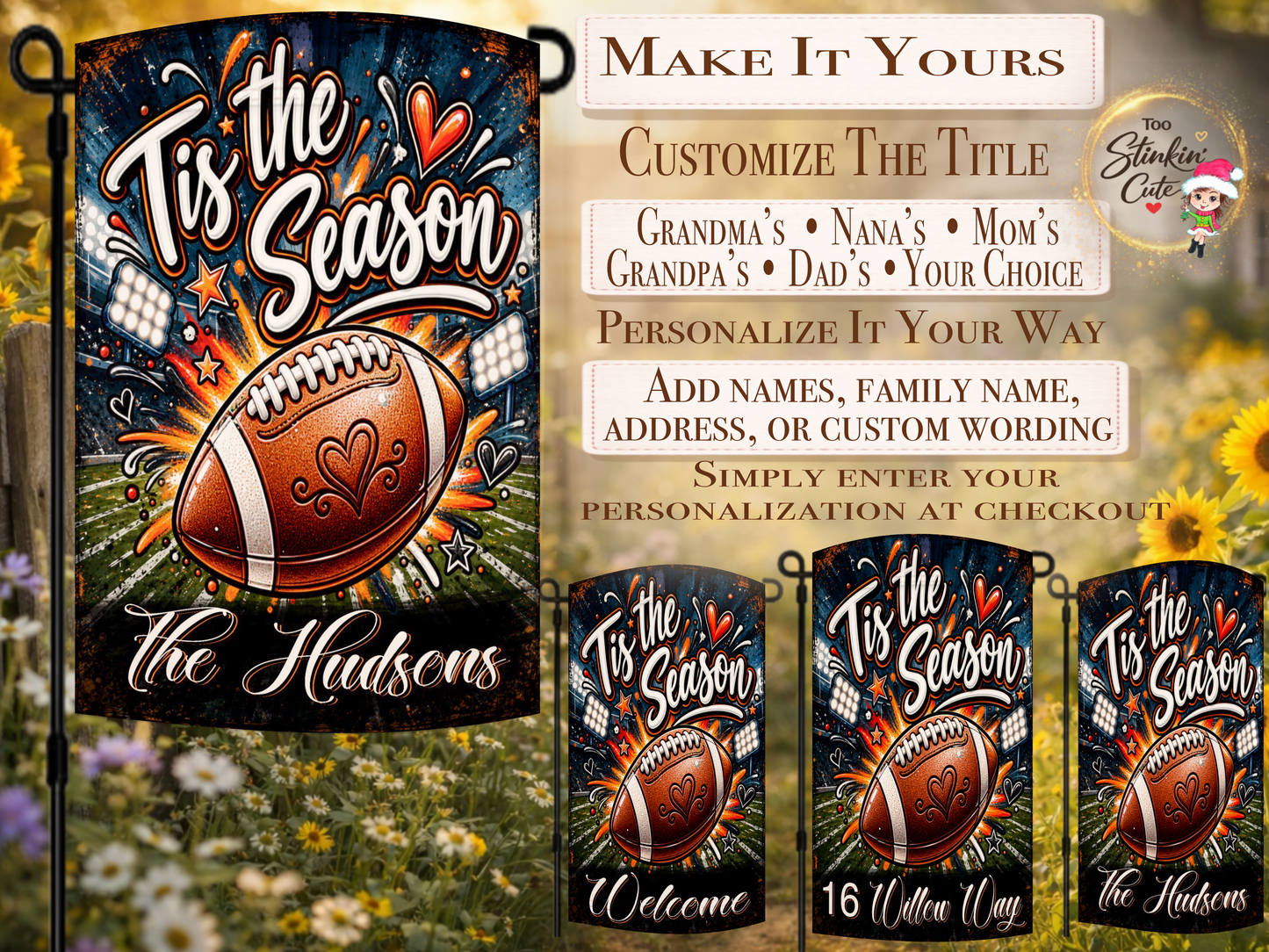 Custom family name football yard flag with stadium lights and colorful accents