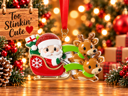Santa sleigh Christmas ornament featuring two brown reindeer positioned one above the other.