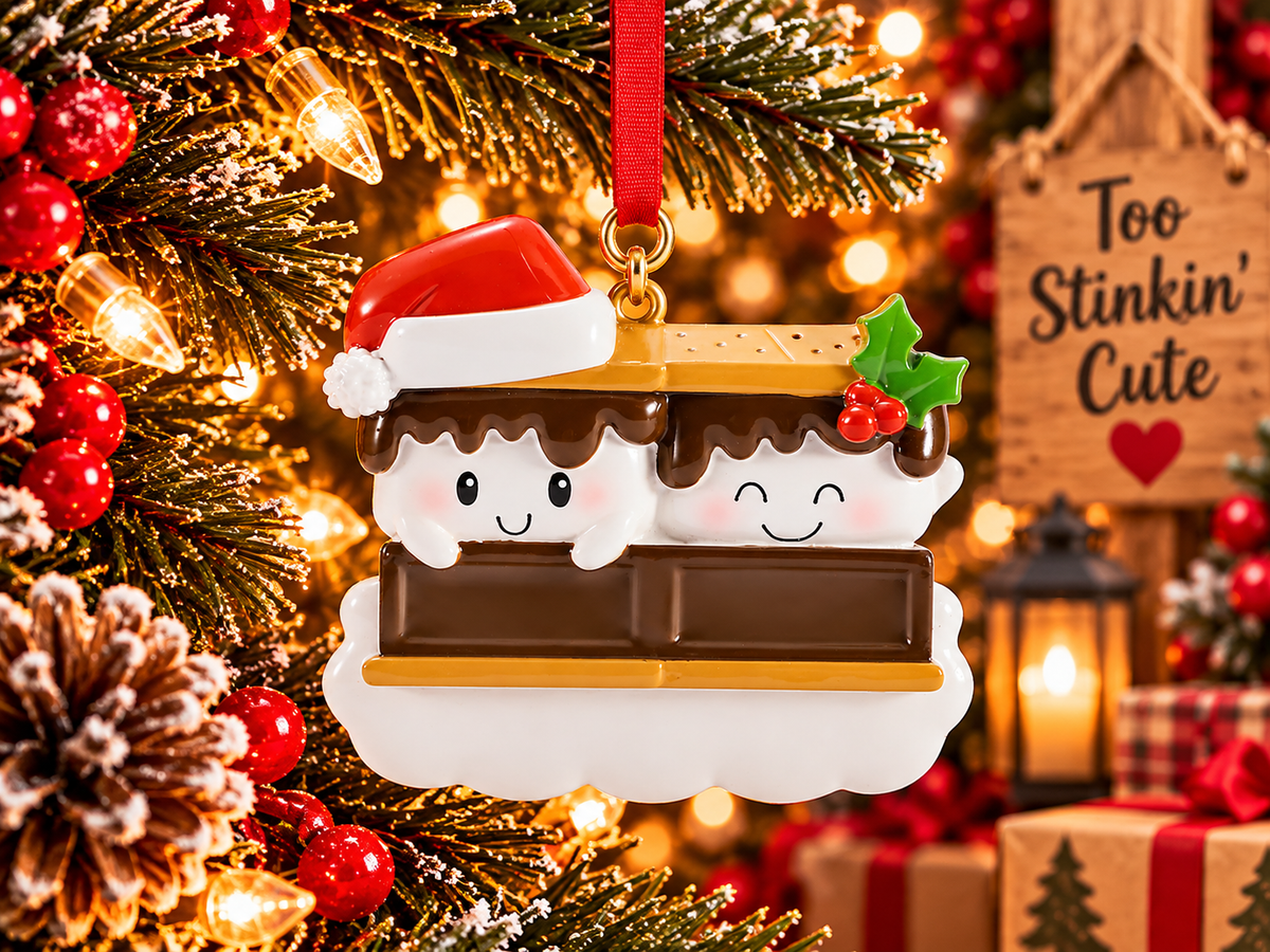Marshmallow pair with rosy pink cheeks, one with open eyes and one with smiling closed eyes.