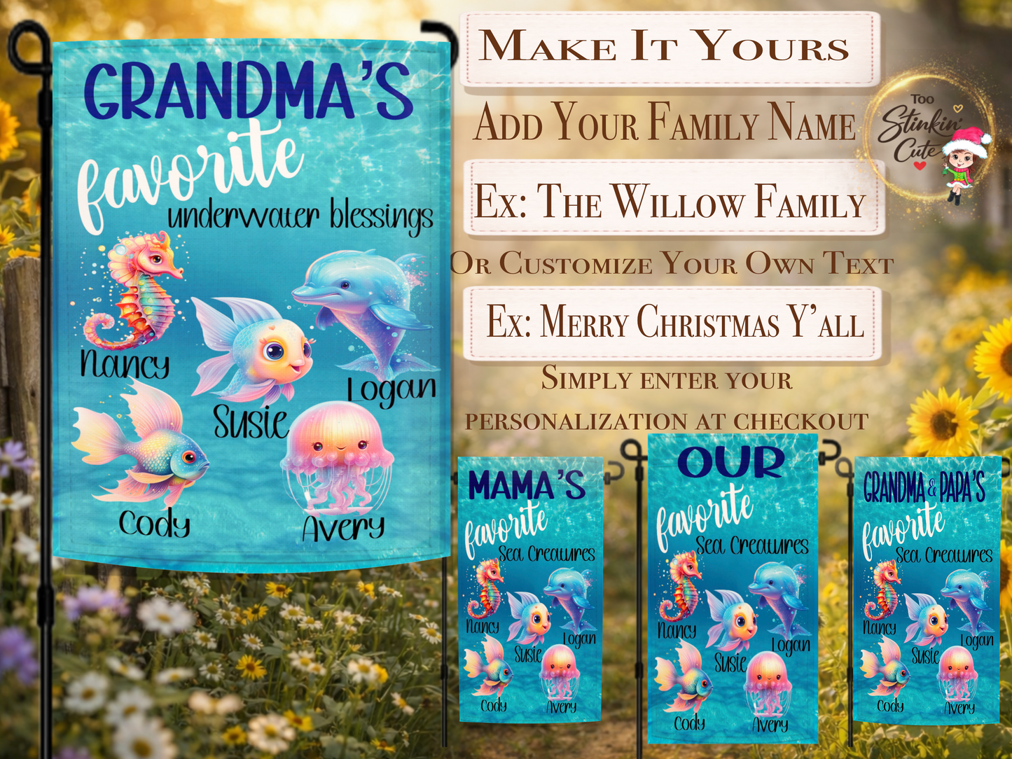Custom ocean themed garden flag with sea creatures and names
