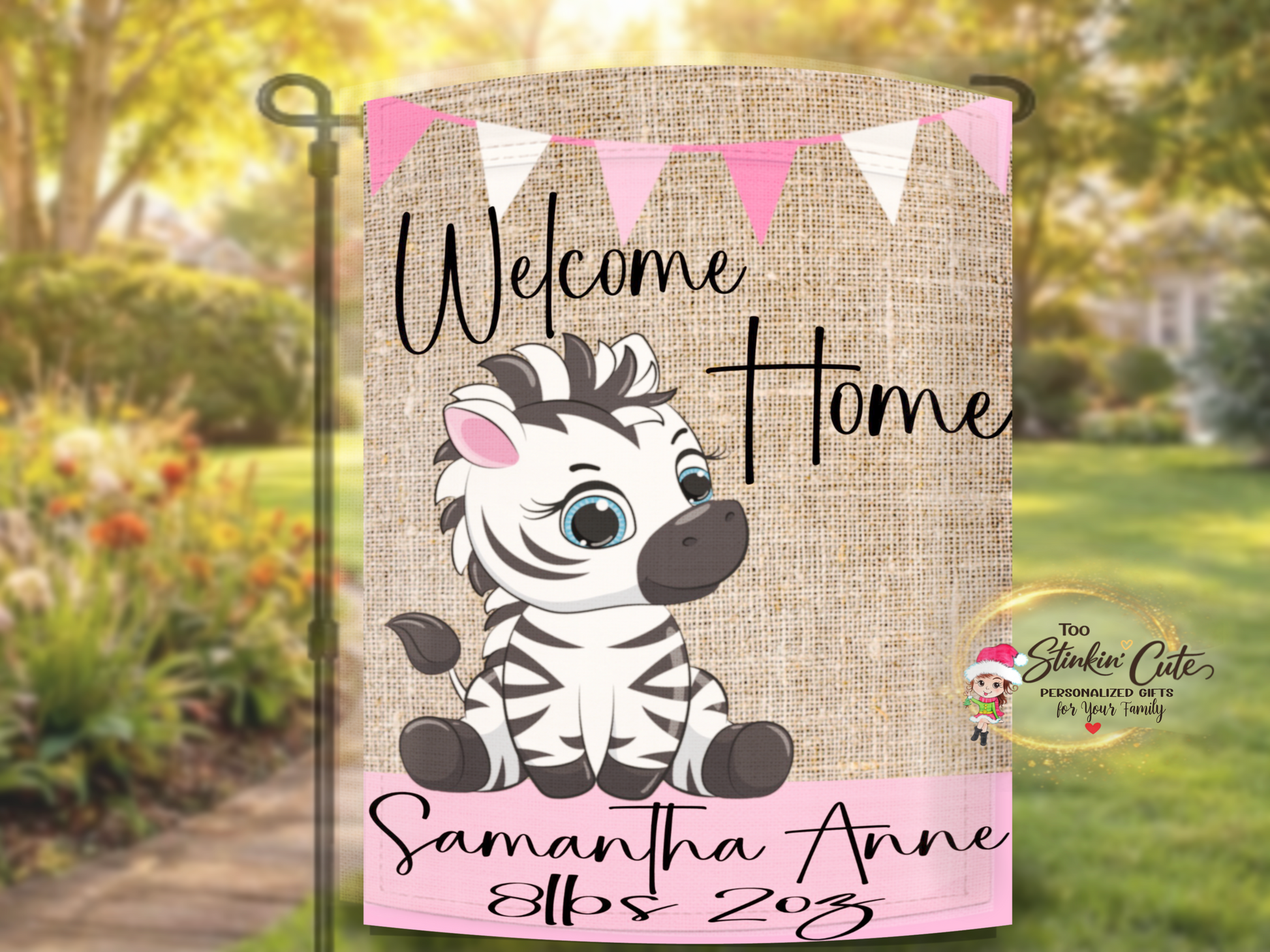 Custom baby announcement garden flag with zebra and baby name personalization