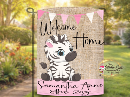 Custom baby announcement garden flag with zebra and baby name personalization