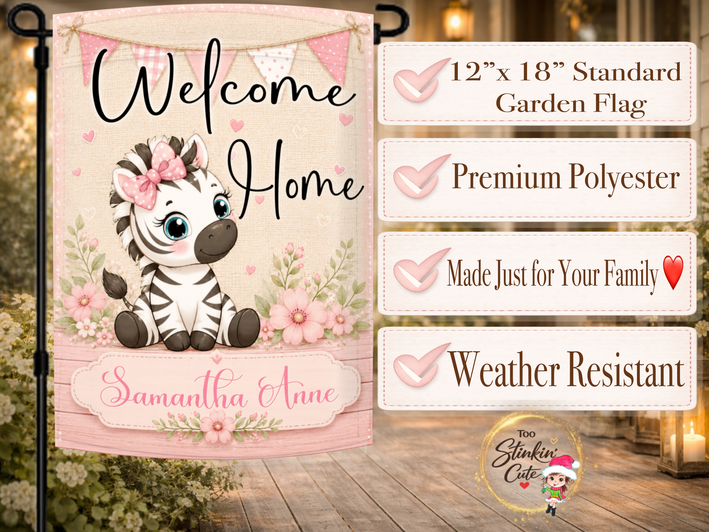 Welcome home baby girl flag with zebra and floral design.