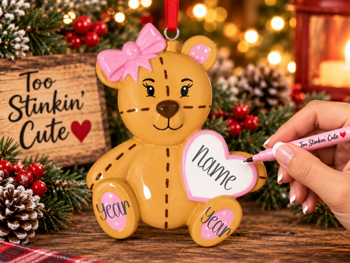Custom name girl bear ornament with pink polka-dot accents