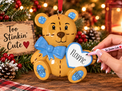 Custom name boy bear ornament with blue polka-dot accents