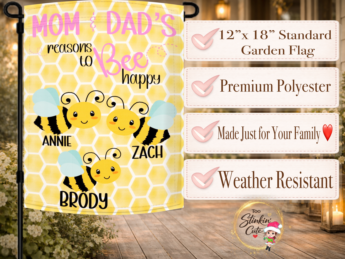 Bee themed family garden décor with adorable smiling bees