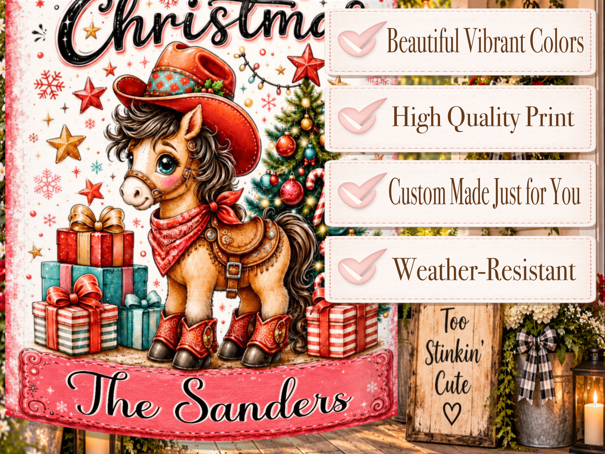 Western Christmas yard flag featuring an adorable pony surrounded by wrapped presents, candy canes, ornaments, and festive lights.