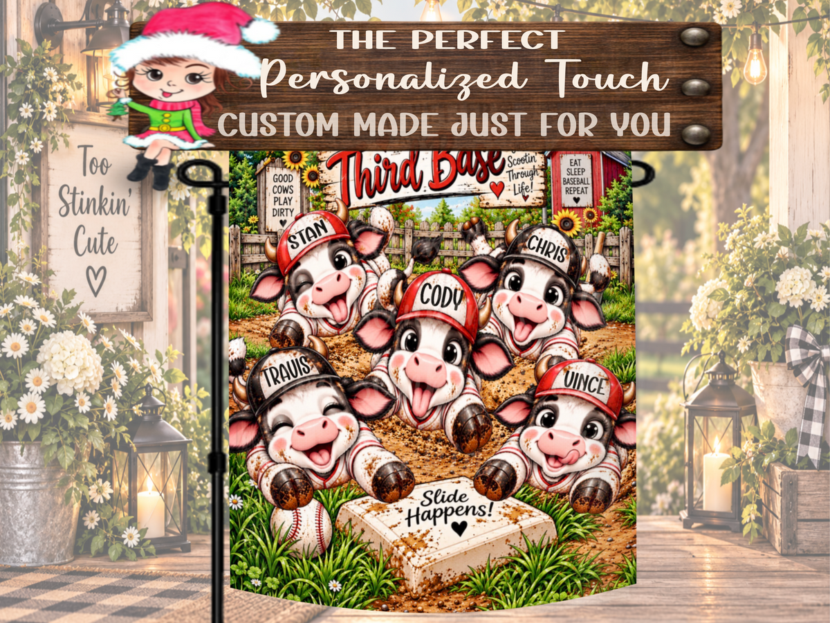 Funny Slide Happens outdoor flag featuring adorable cows, baseballs, and a personalized family team.
