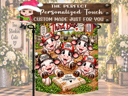 Funny Slide Happens outdoor flag featuring adorable cows, baseballs, and a personalized family team.