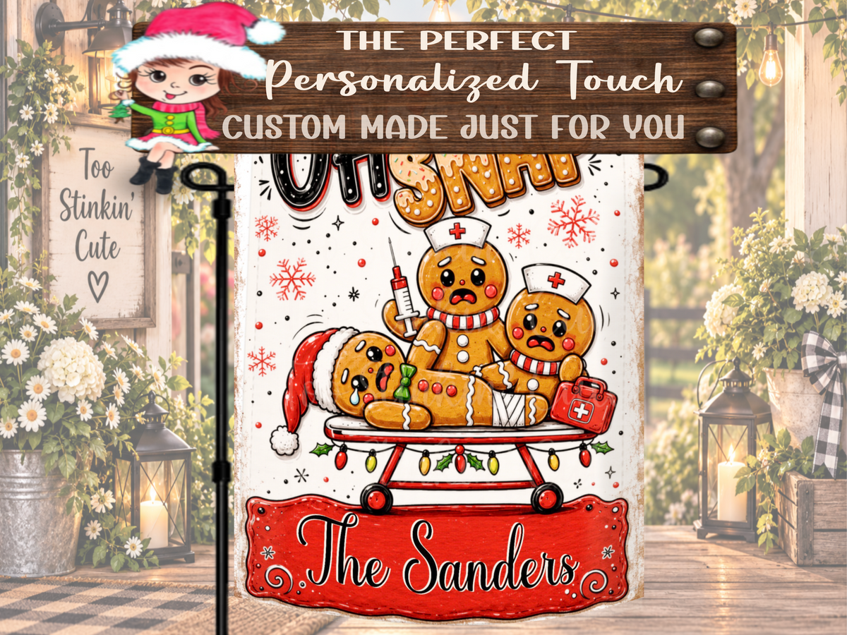 Whimsical Oh Snap holiday garden flag with red, black, white, and gingerbread-brown colors for festive outdoor Christmas decorating.