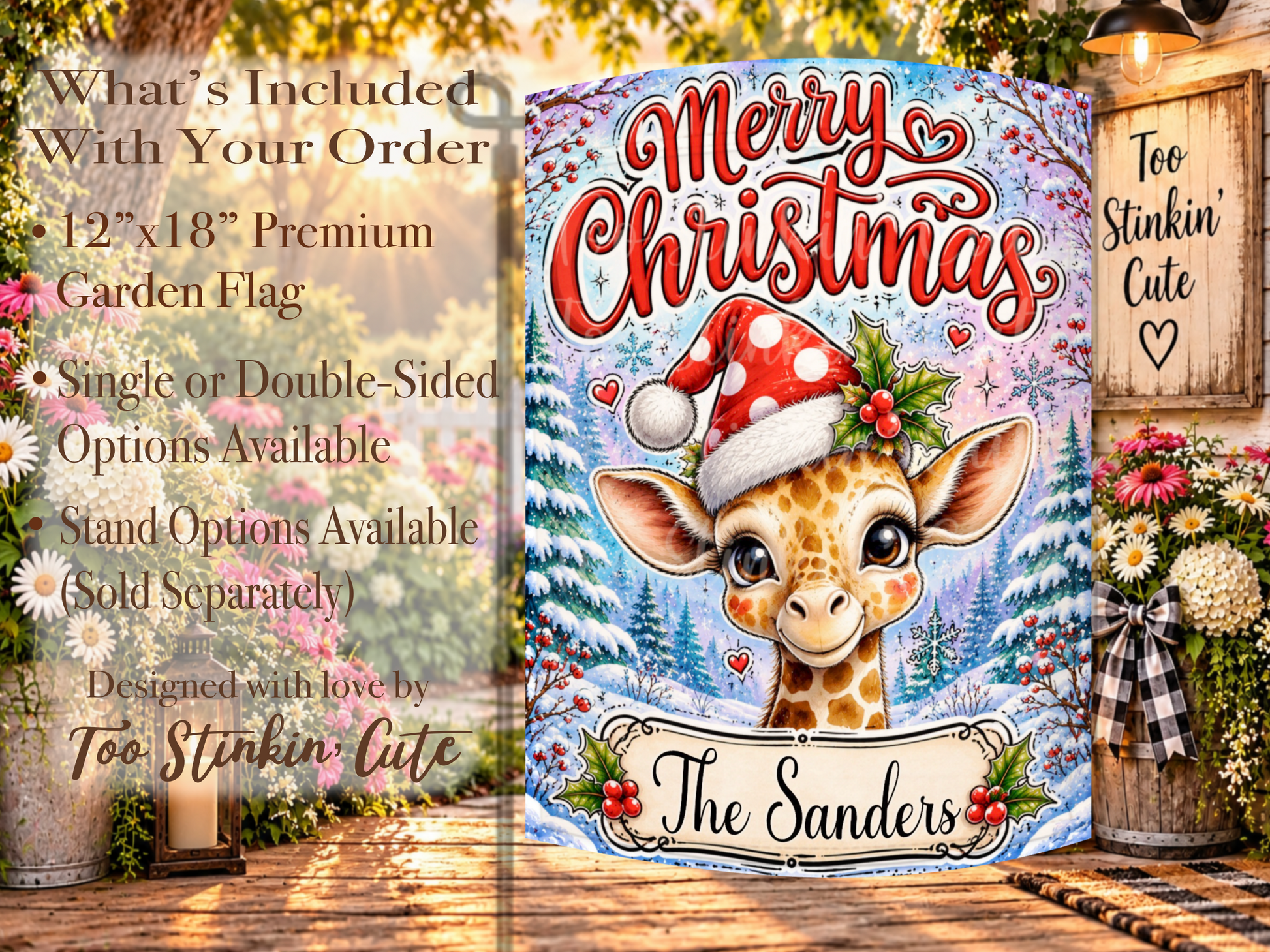 Cute winter holiday yard flag featuring snow-covered trees, frosty branches, sparkling accents, and personalized wording.