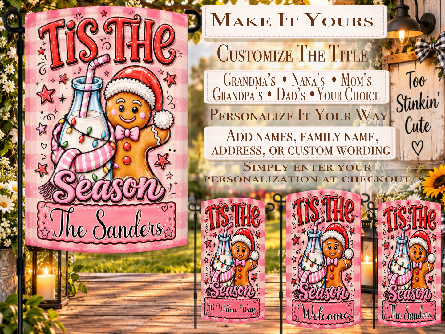 Pink gingerbread Christmas yard flag with a Santa-hat cookie character, festive milk bottle, stars, sparkles, and personalized pink name plaque.