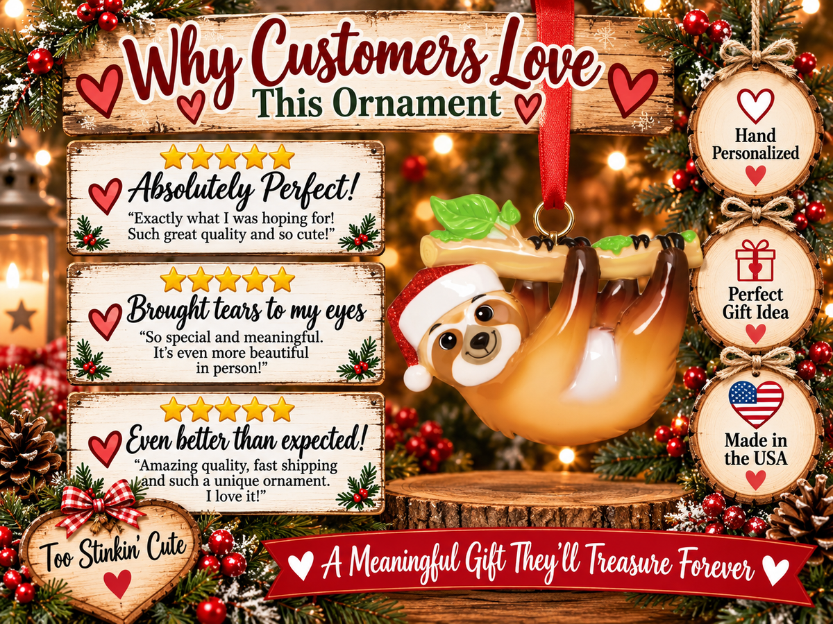 Colorful sloth Christmas ornament with a festive red hanging ribbon