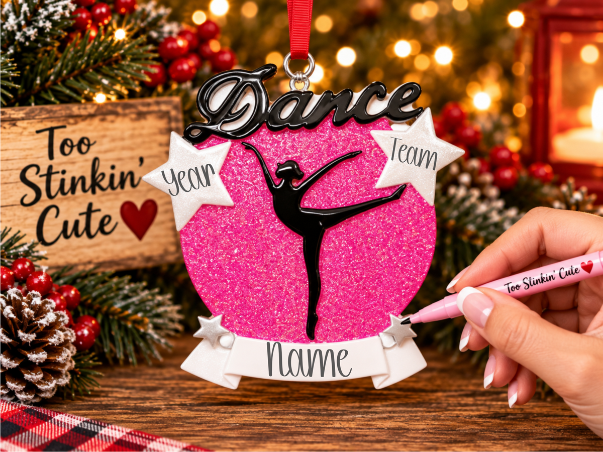 Custom name dancer ornament with Dance lettering and white stars