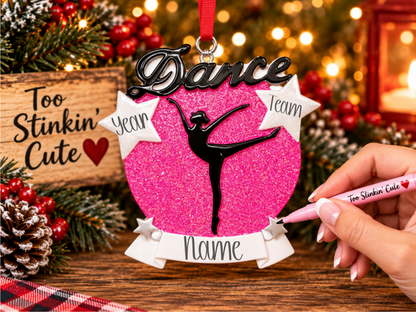 Custom name dancer ornament with Dance lettering and white stars