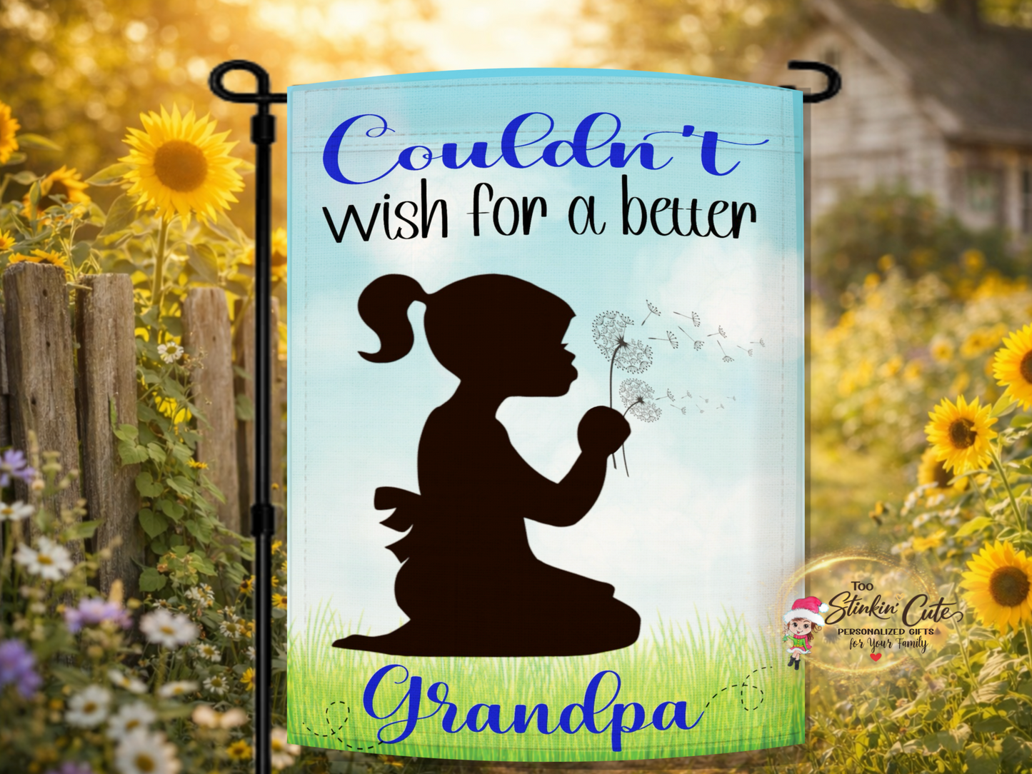 Personalized grandpa garden flag with dandelion silhouette design