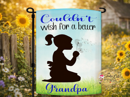 Personalized grandpa garden flag with dandelion silhouette design
