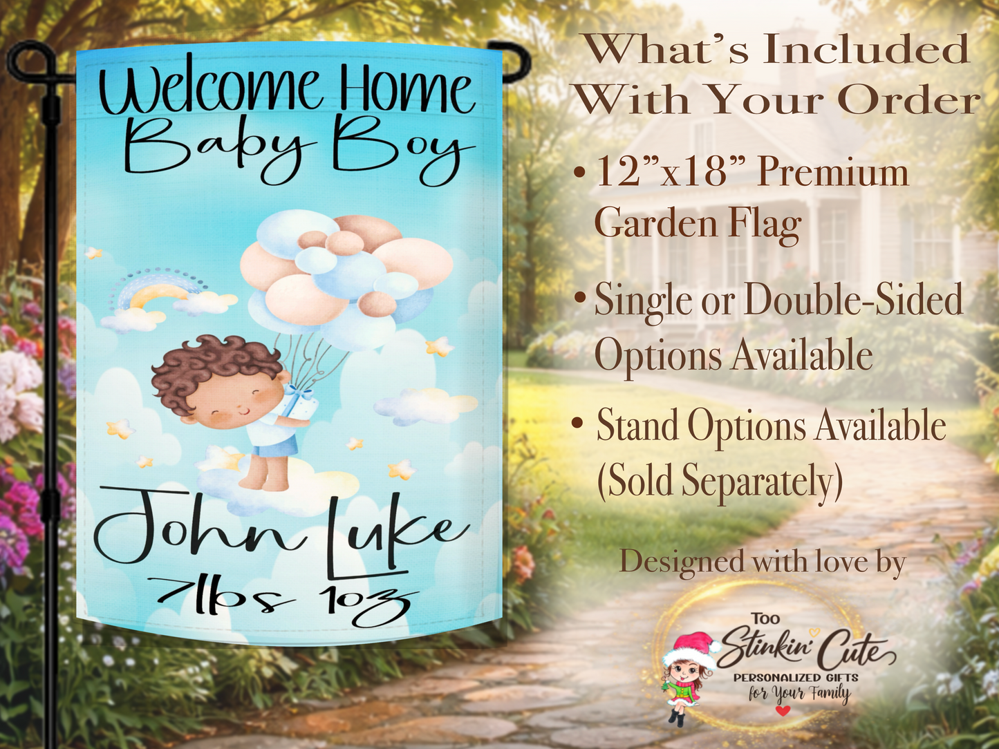 Welcome home baby boy garden flag with watercolor baby and rainbow artwork