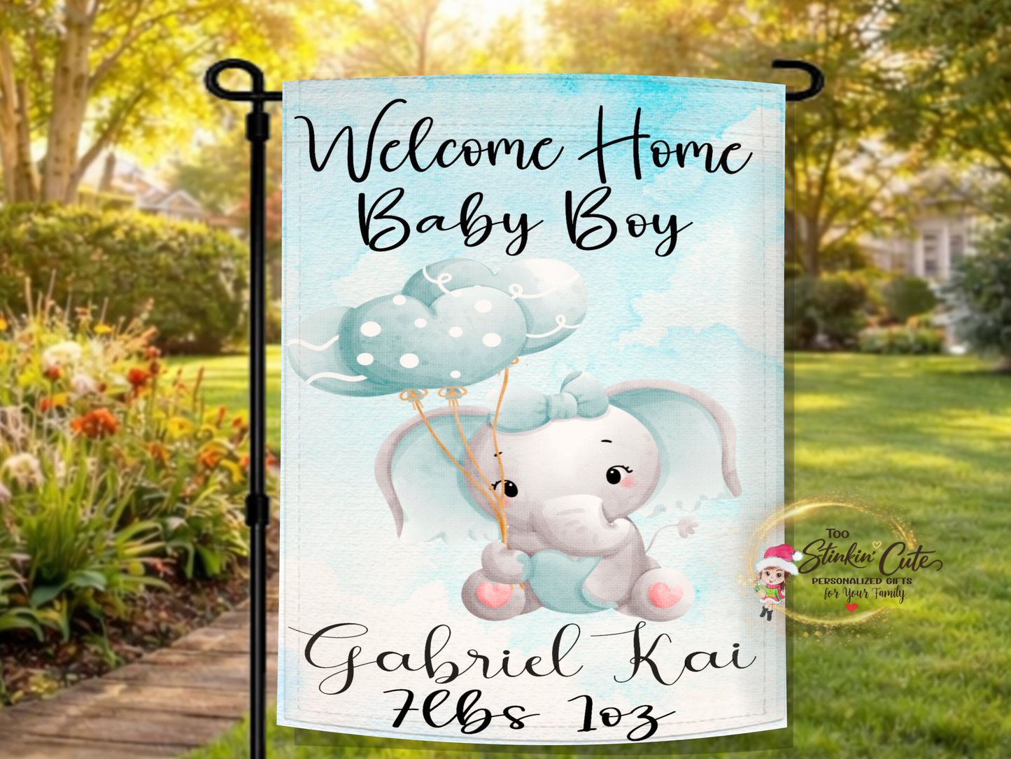 Personalized welcome home baby boy garden flag with cute elephant and balloons