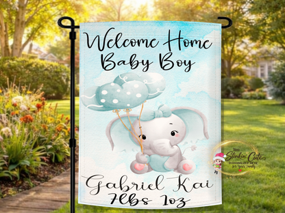 Personalized welcome home baby boy garden flag with cute elephant and balloons