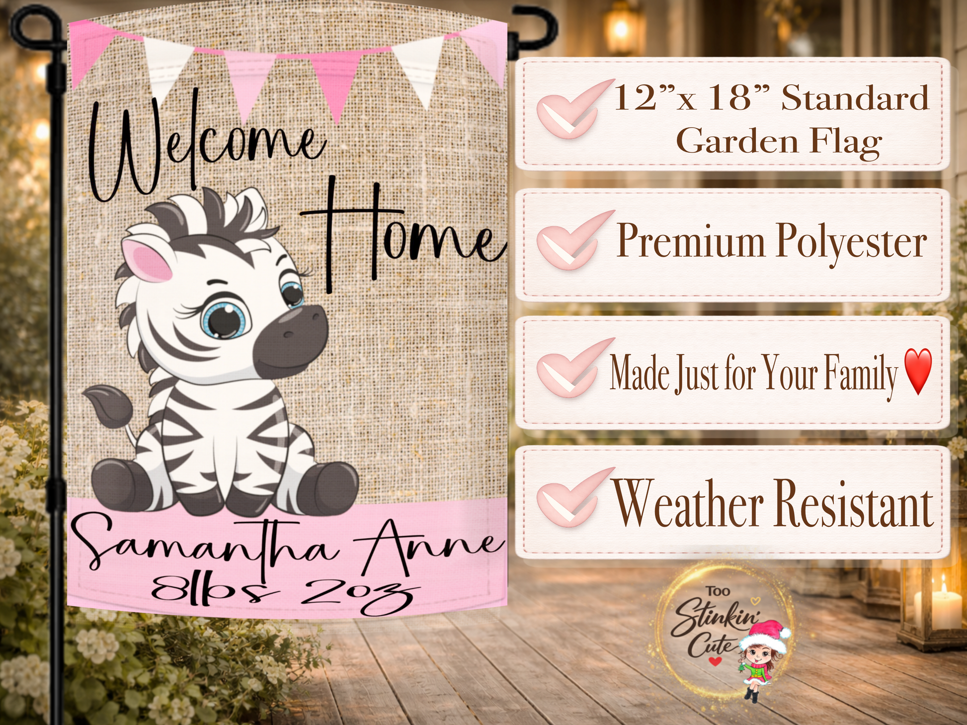 Baby girl yard flag featuring zebra artwork and personalized birth details