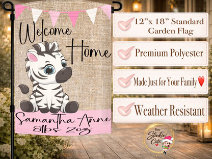 Baby girl yard flag featuring zebra artwork and personalized birth details