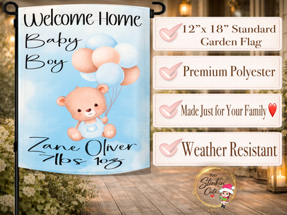 Personalized baby boy announcement flag customized with baby name and birth weight