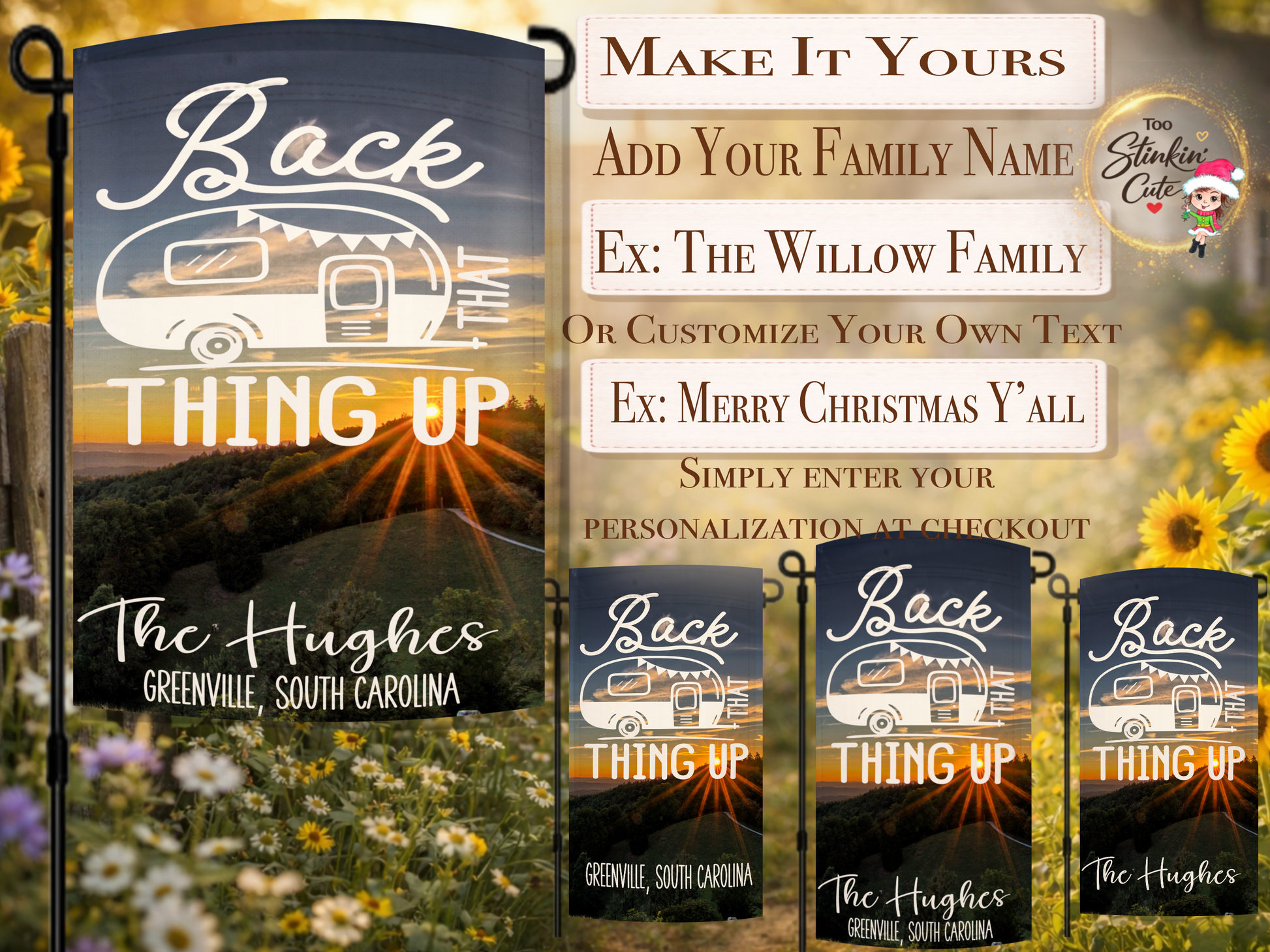 Funny RV camper yard flag featuring Back That Thing Up quote