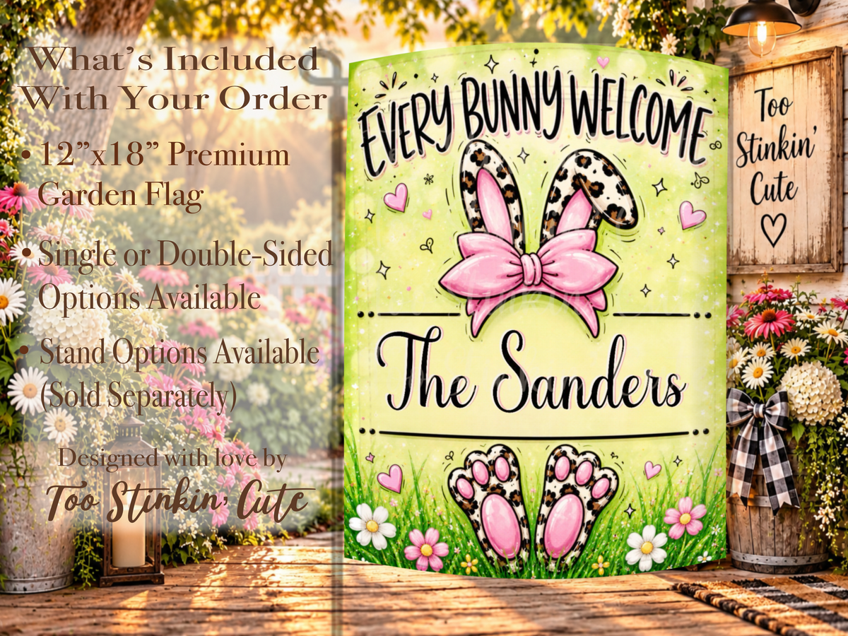 Whimsical Easter yard flag featuring bunny ears and paws with pink centers, leopard spots, and a custom family-name area.