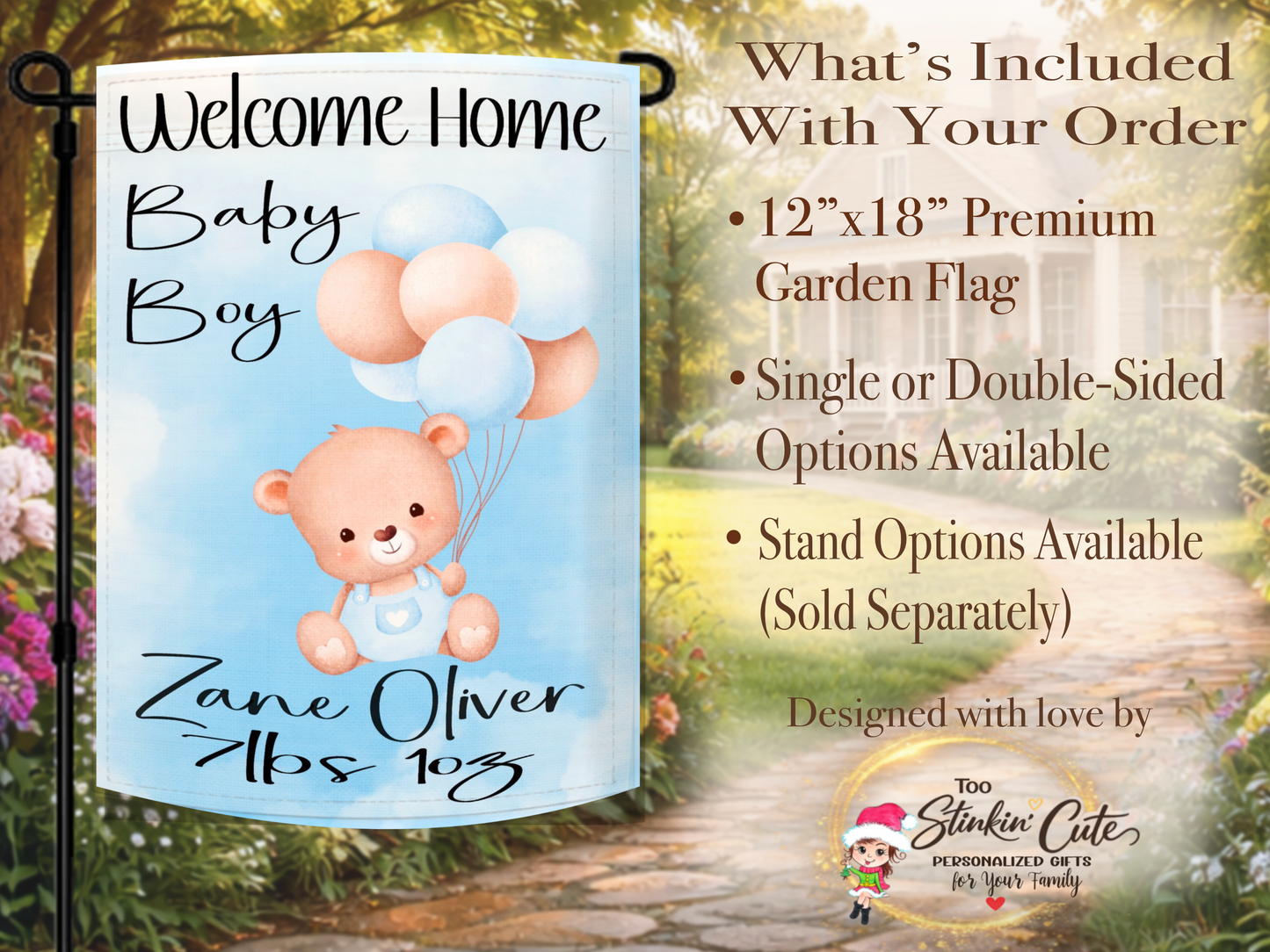 Welcome home baby boy garden flag with blue and peach balloon design
