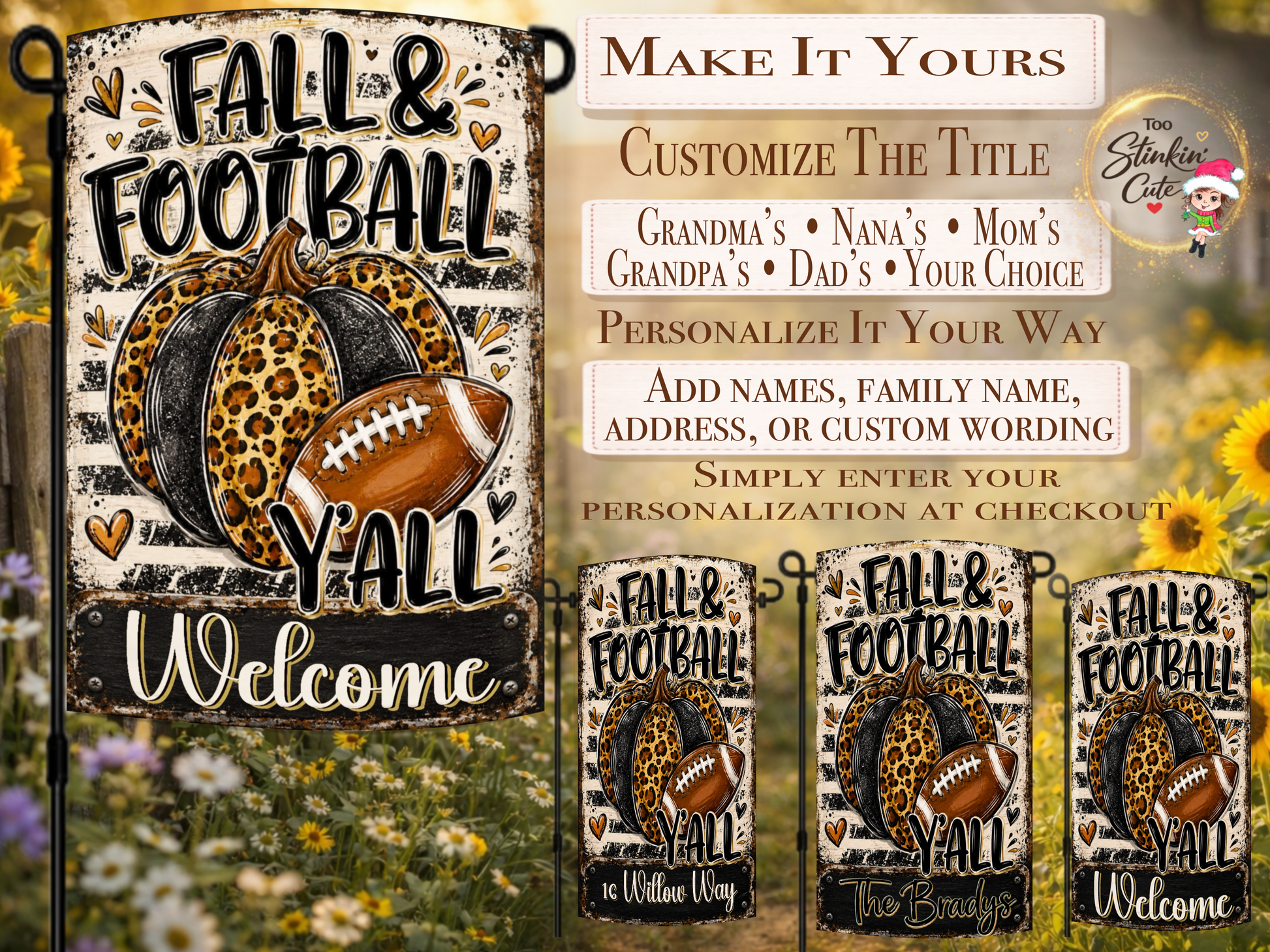 Rustic football garden flag featuring a black and leopard pumpkin