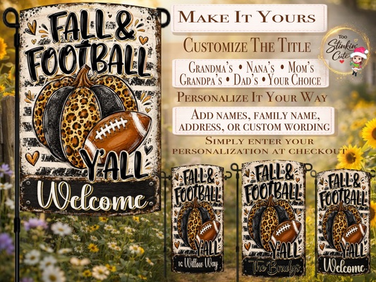 Rustic football garden flag featuring a black and leopard pumpkin