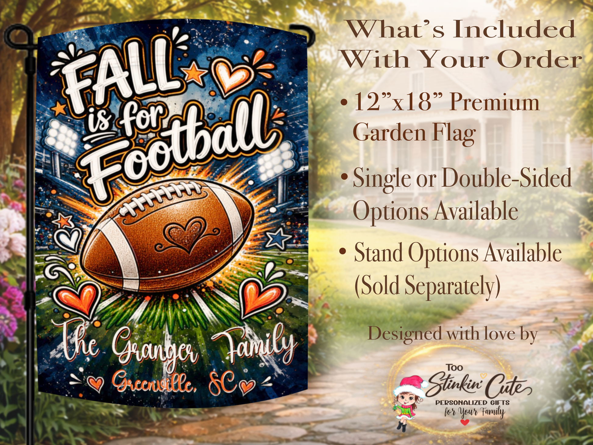 Boutique-style football garden flag featuring bold navy and orange artwork