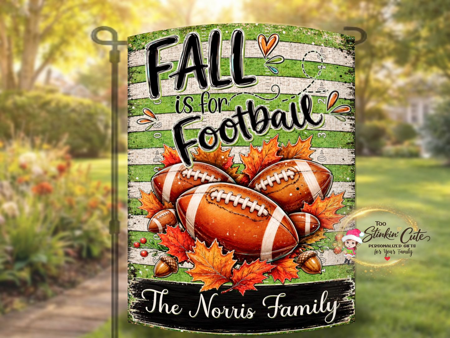 Custom game-day yard flag personalized for a football-loving family