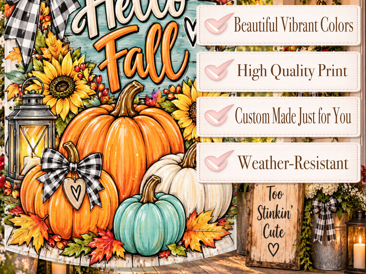 Colorful pumpkin garden flag decorated with golden sunflowers, berries, fall foliage, and a farmhouse lantern.