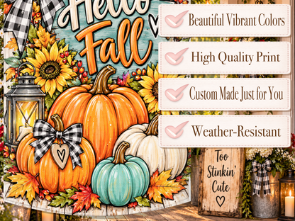 Colorful pumpkin garden flag decorated with golden sunflowers, berries, fall foliage, and a farmhouse lantern.