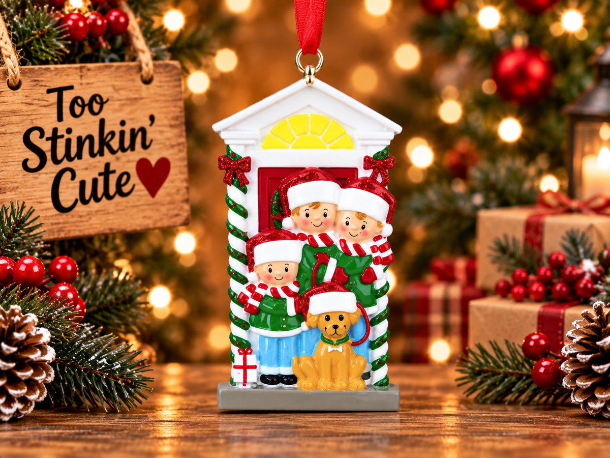 Colorful resin family ornament with decorated doorway and red hanging ribbon